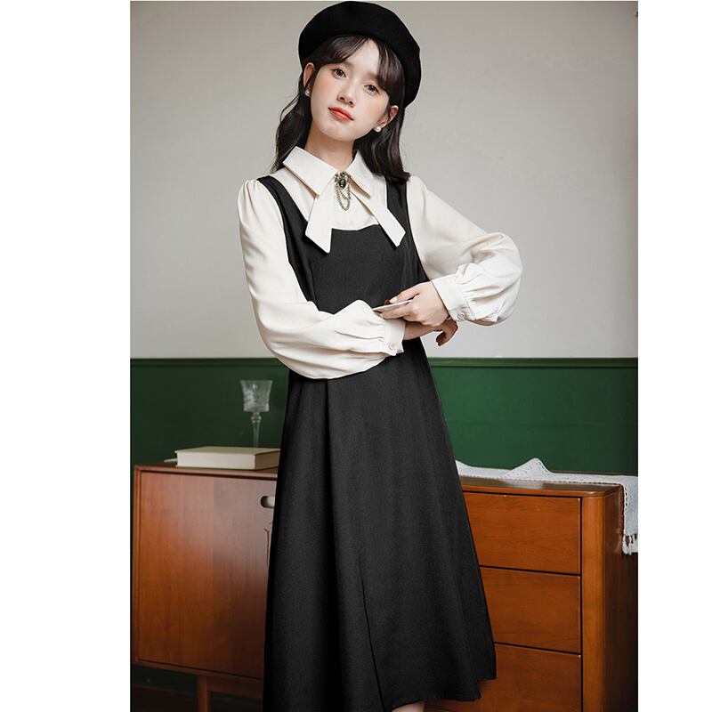 [YUJIAN Series] ★One Piece★ 2color Retro Fake Layered Date Improve Temperament Commuting Black Coffee Color