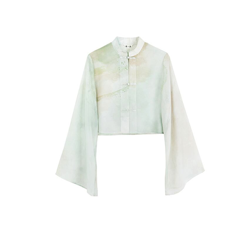 [Daiseiryusu Series] ★China-style shirt★ Tops, long sleeves, sheer, chiffon print, green, green