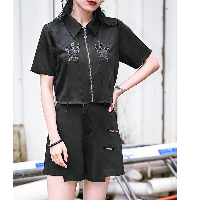 [Kokaisha --- Return Series] ★China style tops★ Shirt 2color short length black black embroidery short sleeve