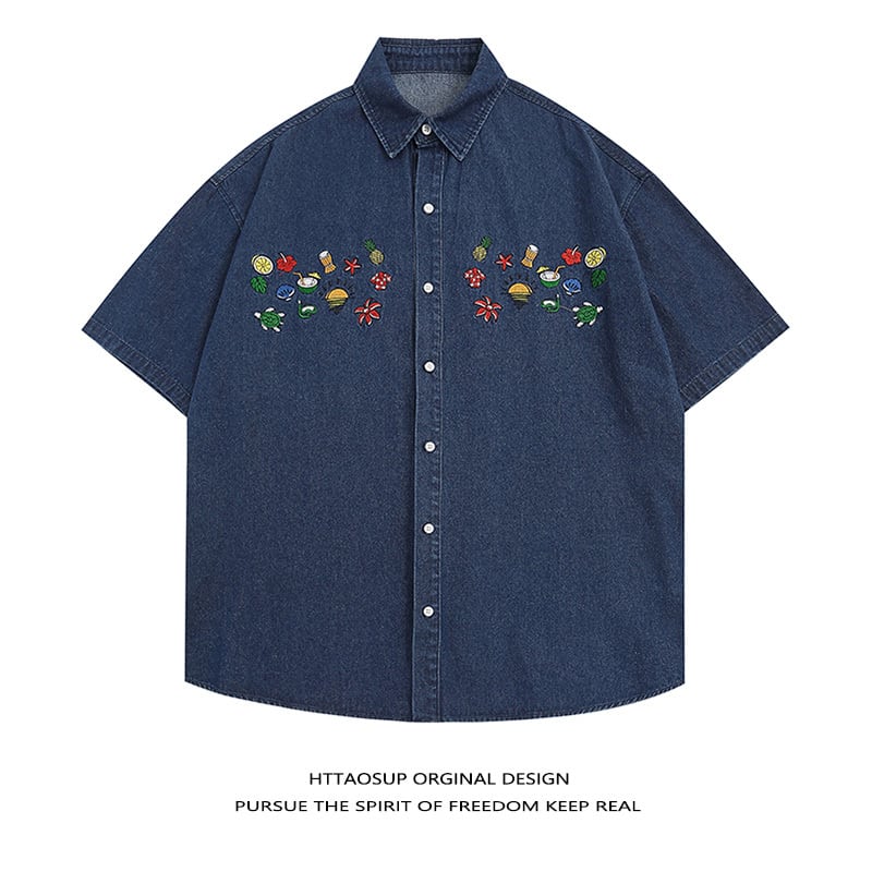 [PUDUN Series]★Denim shirt★ Tops, short sleeve shirt, unisex, men's, unique, embroidery, summer clothes, blue, blue