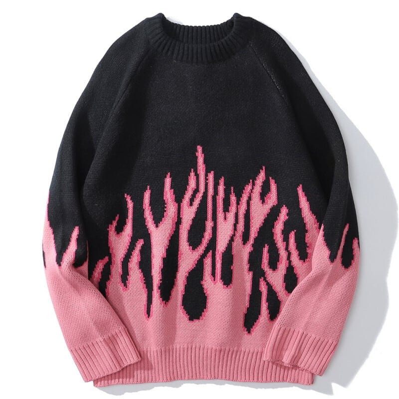 ★China style sweater★ Flame pattern Unisex Fashion Couple clothes Landmine style Color scheme Autumn/Winter Unique Black Pink Autumn/Winter Men's Women's Street Large size SML LL 3L 4L