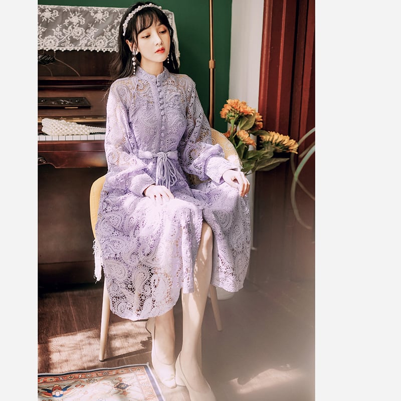 [Kasa no Castle Series] ★China style dress★ 3color black or beige or purple lace dress for dates, weddings, commuting, improving temperament