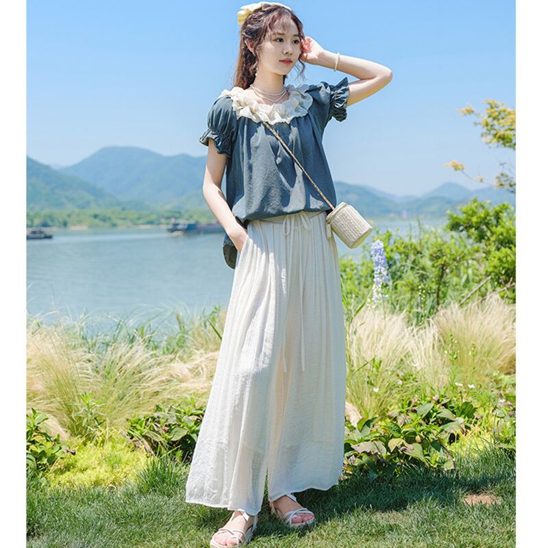 [White Sake Series] ★ Gaucho Pants ★ Bottoms Elastic Waist Plain Ladies Date Improves Temperament Simple