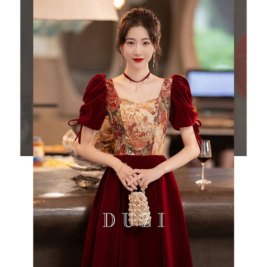 [DUZI Series] ★Party Dress★ One Piece Oil Painting Style Switching Velvet Red Red Coming of Age Ceremony Photography Wedding