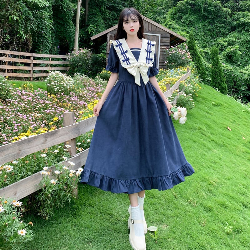 [Dong Xiaojie Series] ★Sailor color dress★ Cute large size Blue Blue Blue Date, school, commuting