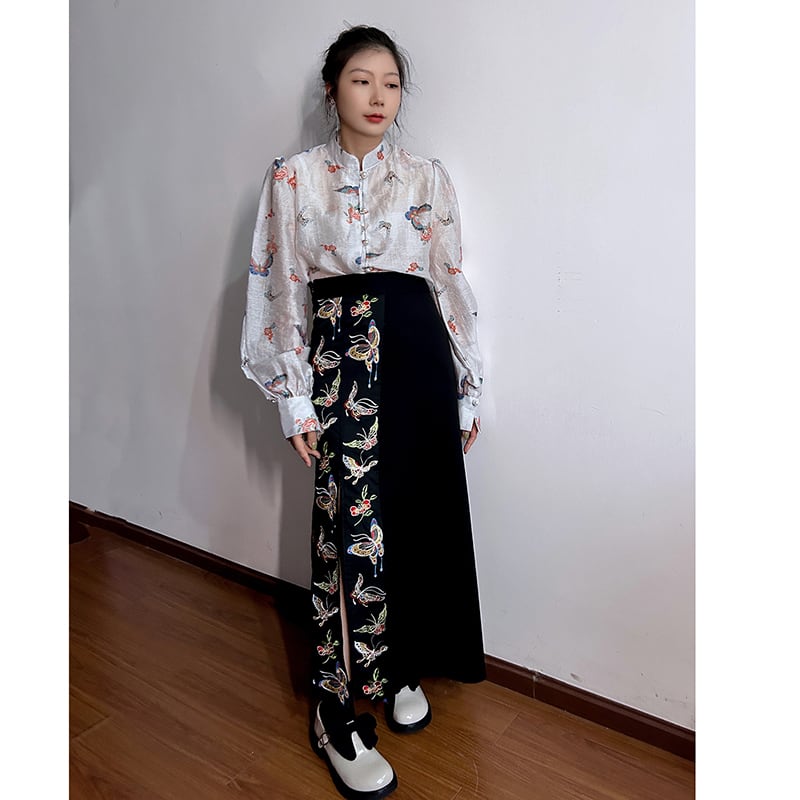 [Big Fish Series]★China Style Shirt★ Tops Butterfly Women's Long Sleeve Shirt Floral Pattern Shirt Large Size