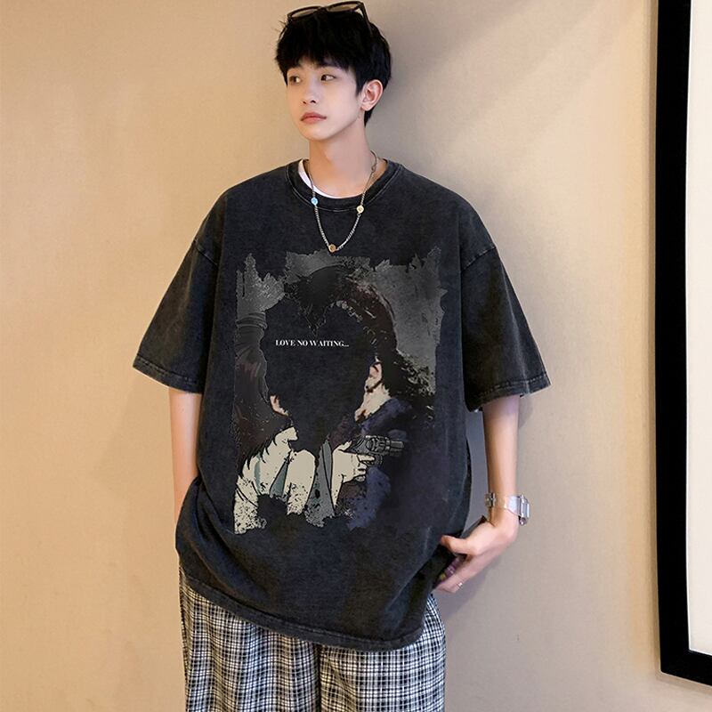 【Lettheheartシリーズ】★トップス★ Tシャツ 男女兼用 メンズ 大きいサイズ レトロ 個性的 黒灰色 合わせやすい