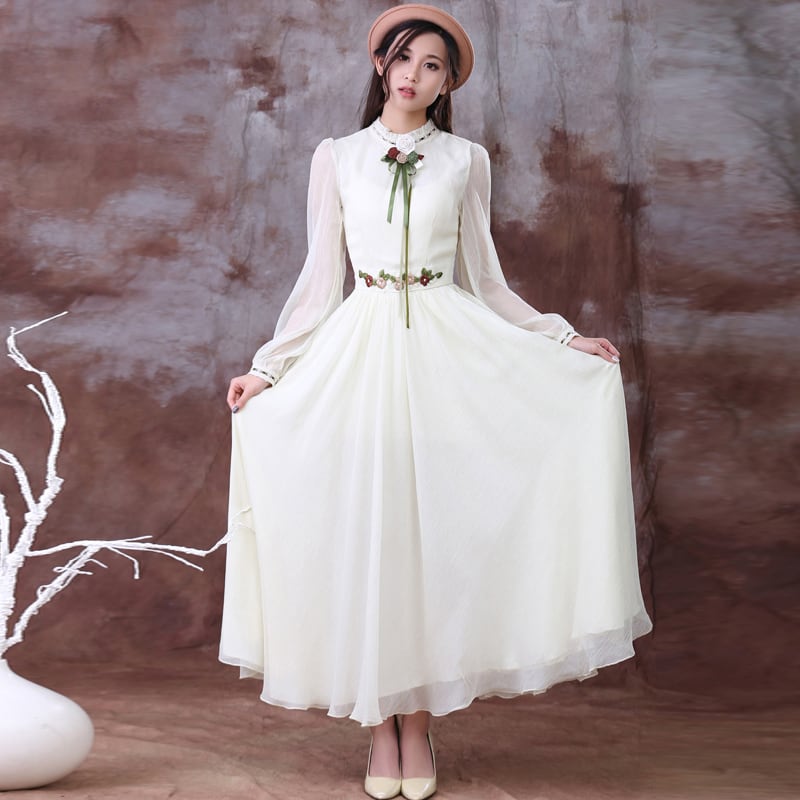 [Nan Kemu Series] ★One Piece★ Long Sleeve One Piece Dress Women's Date Ribbon Chiffon White White