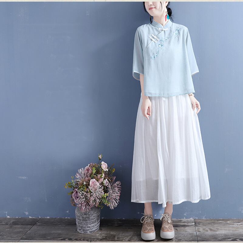 [Qing series]★China style tops★ 3color three-quarter sleeve color scheme blue white pink blue white retro literary style