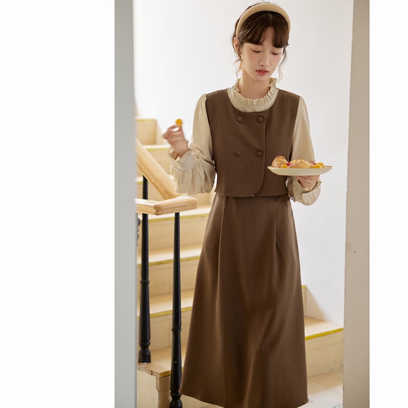 [Shokensho Series] ★One Piece★ Fake Layered Women's Cute Retro Autumn Clothes Coffee Color