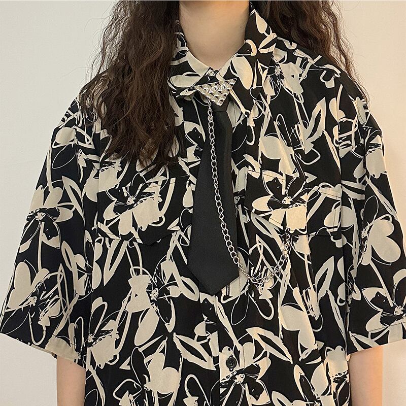 [UATONLINE Series] ★Shirt with tie★ 2color tops floral print shirt unique unisex men's navy black