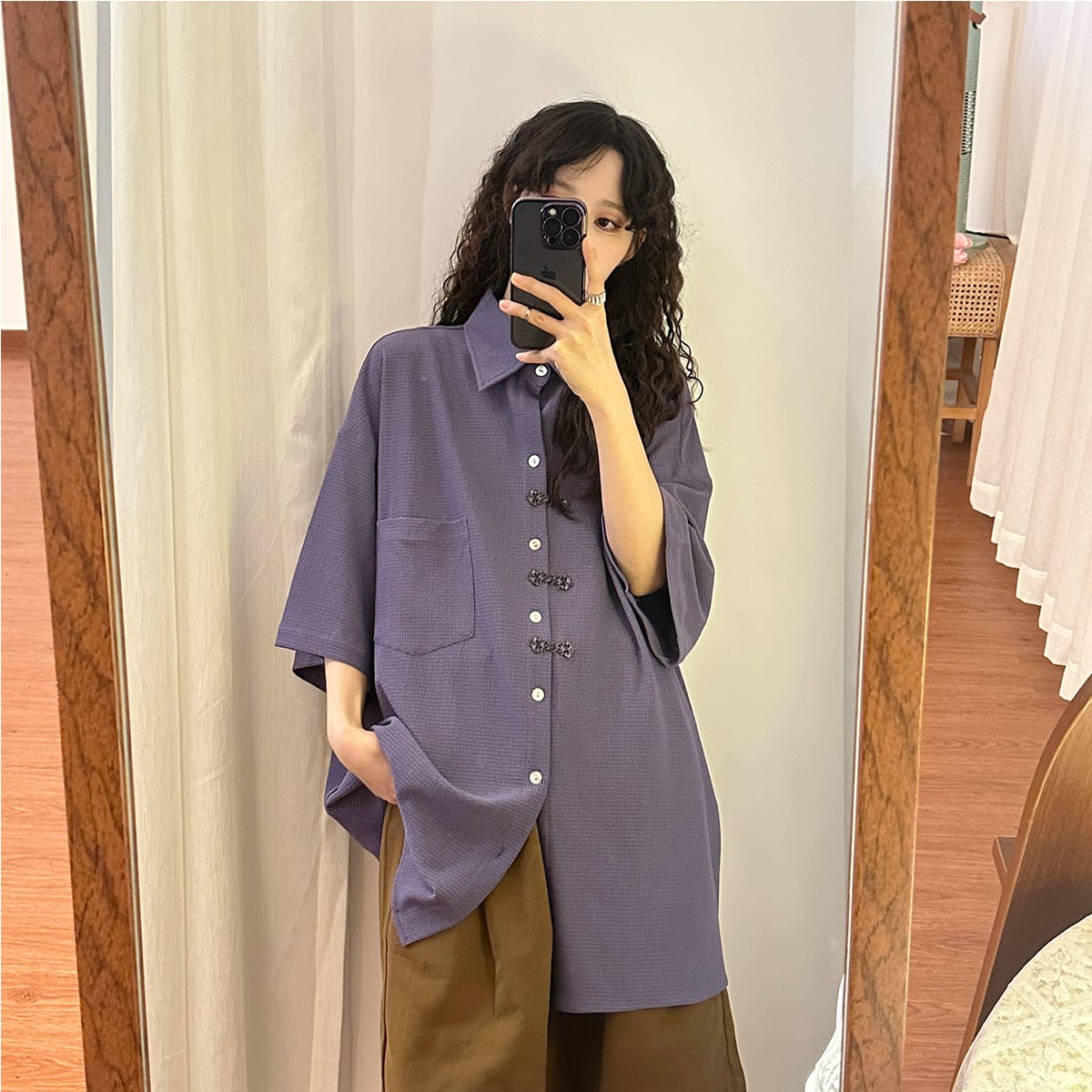 [UATONLINE Series]★China Style Shirt★ Thin Medium Chinese Clothes Tops Unisex Men's Short Sleeve Shirt Purple