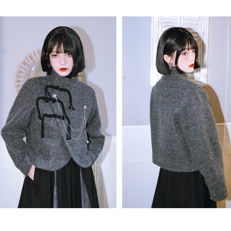 [Kokaisha---Ochienura Series] ★China style coat★ Lasha Quilted Winter Coat Short Length Gray