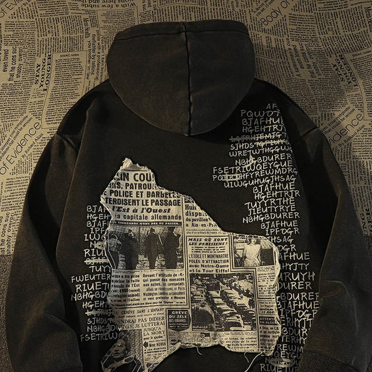 [Roba Series] ★Fleece-lined hoodie★ 2color tops unisex men's newspaper pattern retro black white