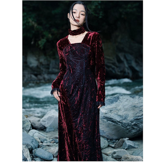 [Daiseiryusu Series] ★China style dress★ Long length velvet wine red red original retro