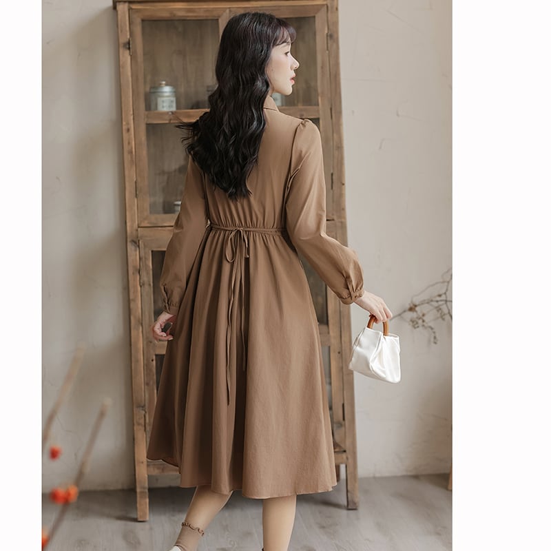 [Shukunsho series] ★China style dress★ 2color fake layered ladies cute retro autumn clothes black coffee color