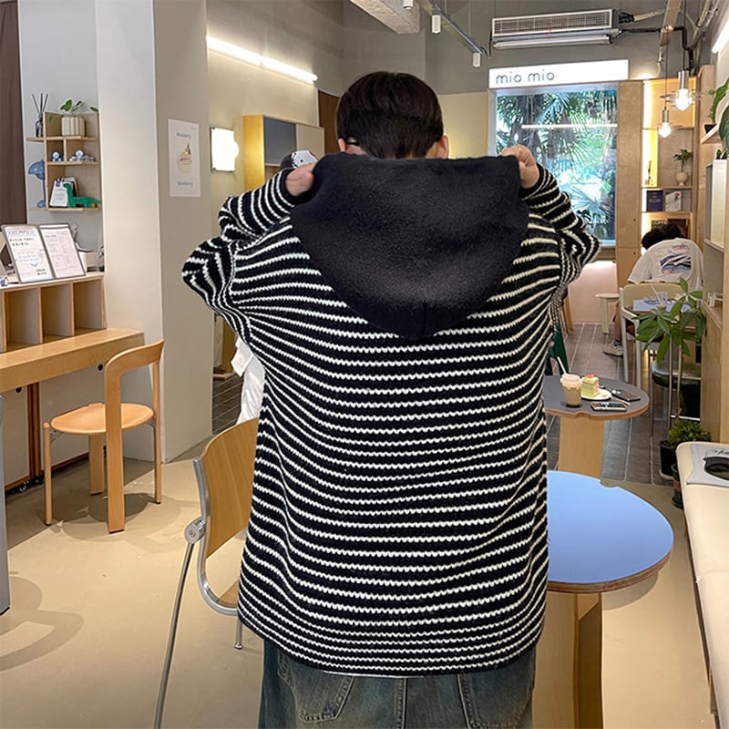 [NANSHI Series]★Sweater★ 2color Knit Parka Tops Unisex Men's Horizontal Stripes Striped Pattern Black Blue