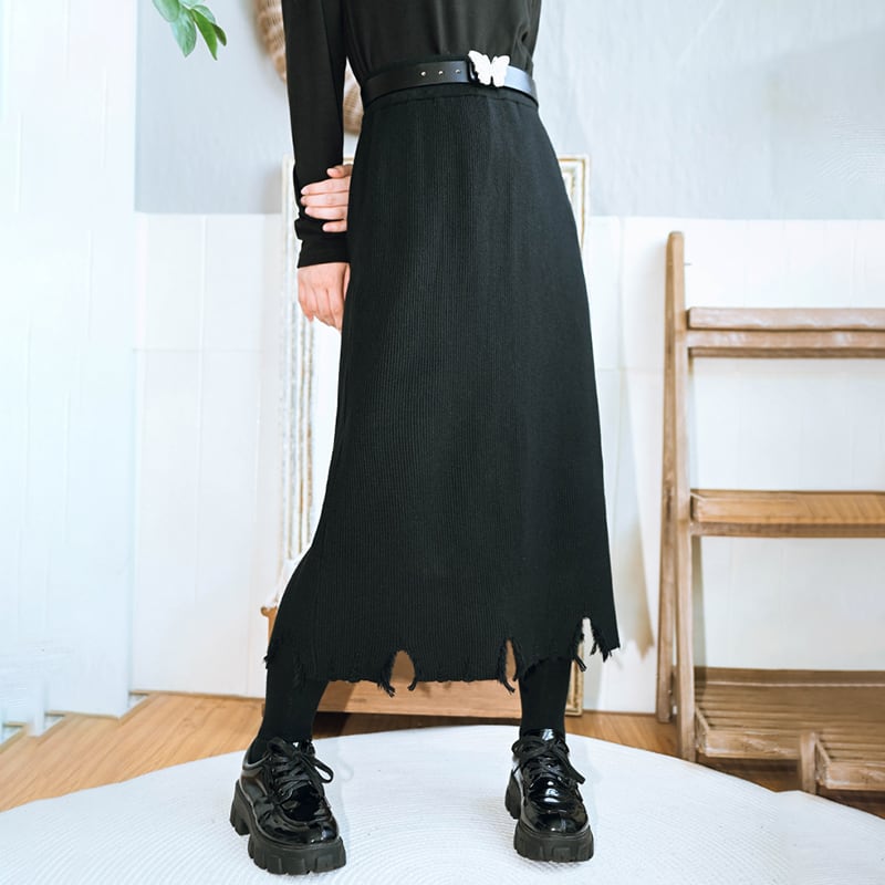 [Old Monster --- Ruined Roman Series] ★Knit skirt★ Bottoms, slimming, elastic waist, black, black, easy to match