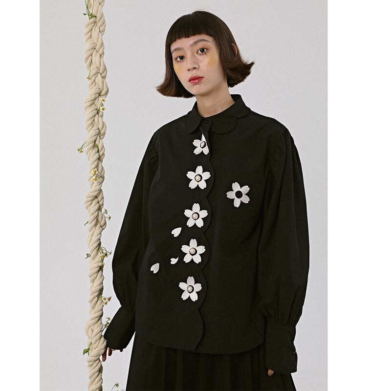 [Yangji Great Dream Series]★Shirt★ Tops Embroidery Original Retro Temperament Enhancement Long Sleeve Shirt Black Black