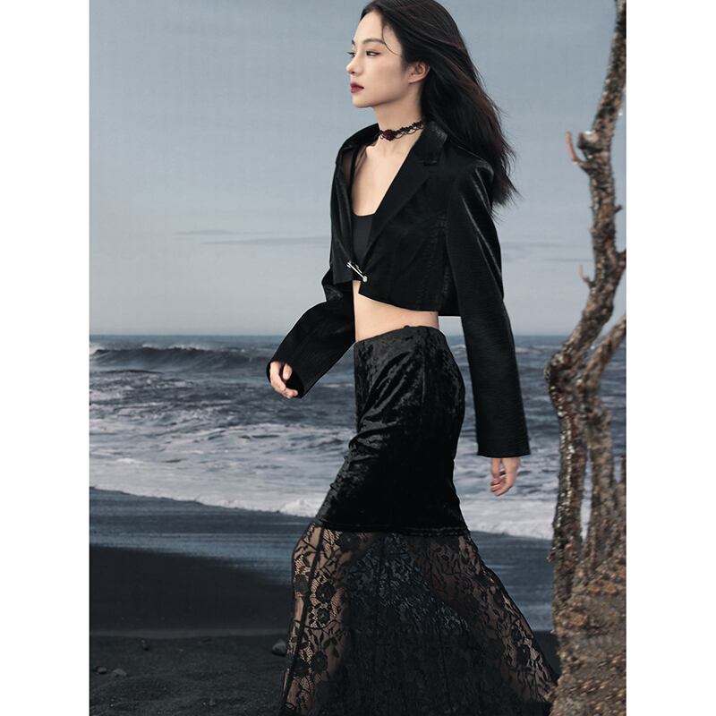 [Daiseiryusu Series] ★China style skirt★ Bottoms velvet lace switching original black black sexy