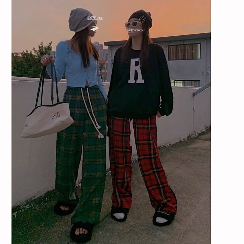 [MEIMEI Series]★Pants★ 2color Casual Pants Bottoms Plaid Pattern Green Red Green Red