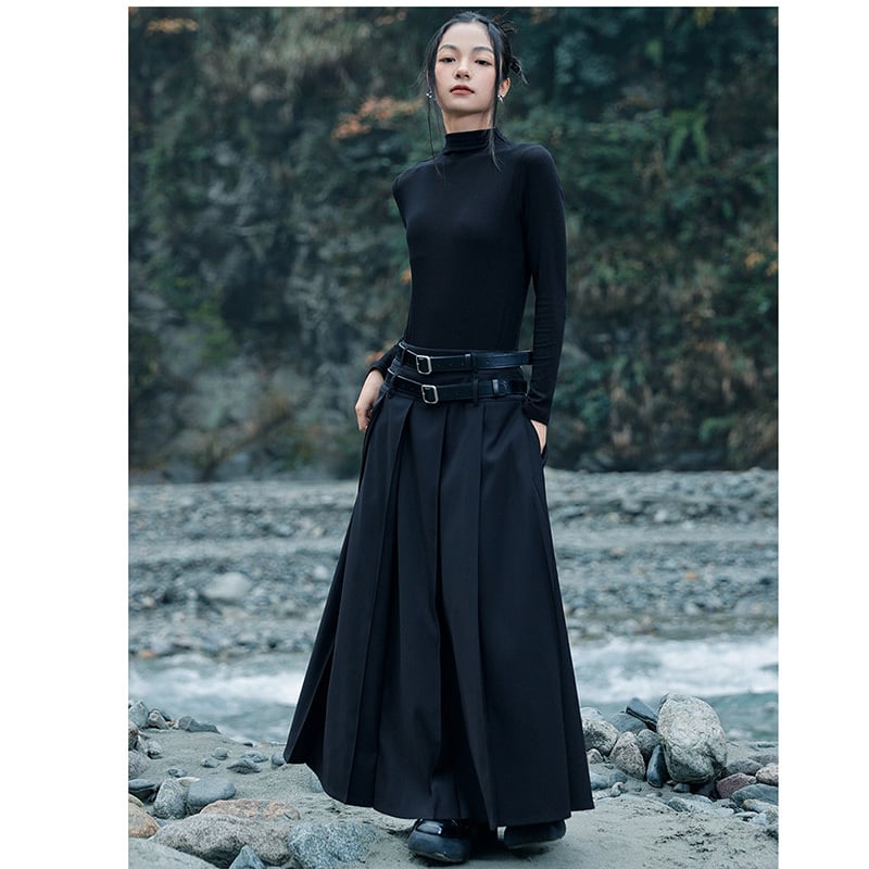 [Big Blue Dragon Series] ★China style skirt★ Bottoms with belt, black, high-looking, slimming, improving temperament