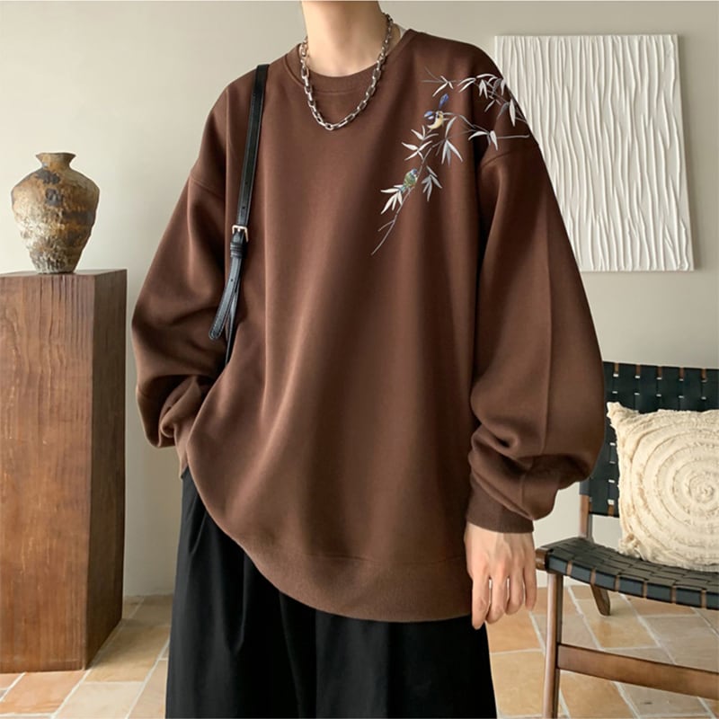 [KADISHOU Series]★China style tops★ 4color brushed lining long sleeve tops sweatshirt unisex men's large size bird and leaf pattern