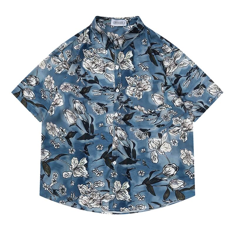 [TRAVEL ISSUANCE Series] ★Floral Pattern Shirt★ Hawaii Aloha Shirt Print Unisex Men's Blue Short Sleeve Shirt