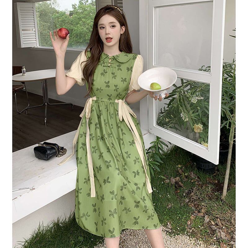 [Dong Xiaojie Series]★China style dress★Floral pattern dress Switchable Cute Large size Green Green