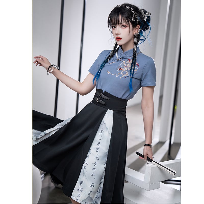 [Kyodo series]★China style skirt★Bottoms Letter pattern switching High waist Black Black S M L XL