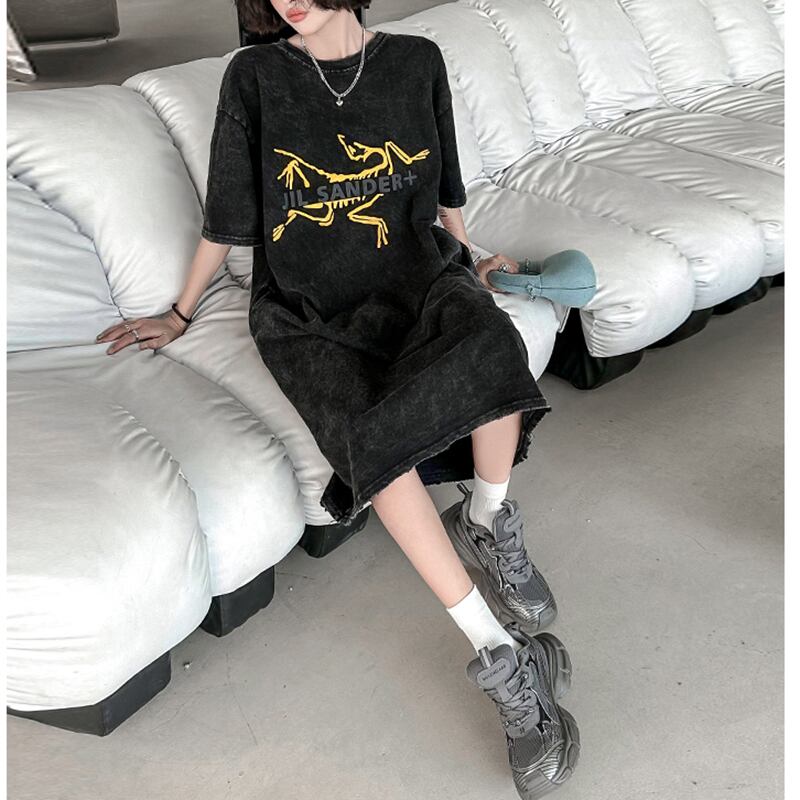 [YIDAO Series] ★T-shirt dress★ Print retro loose casual summer clothes black black