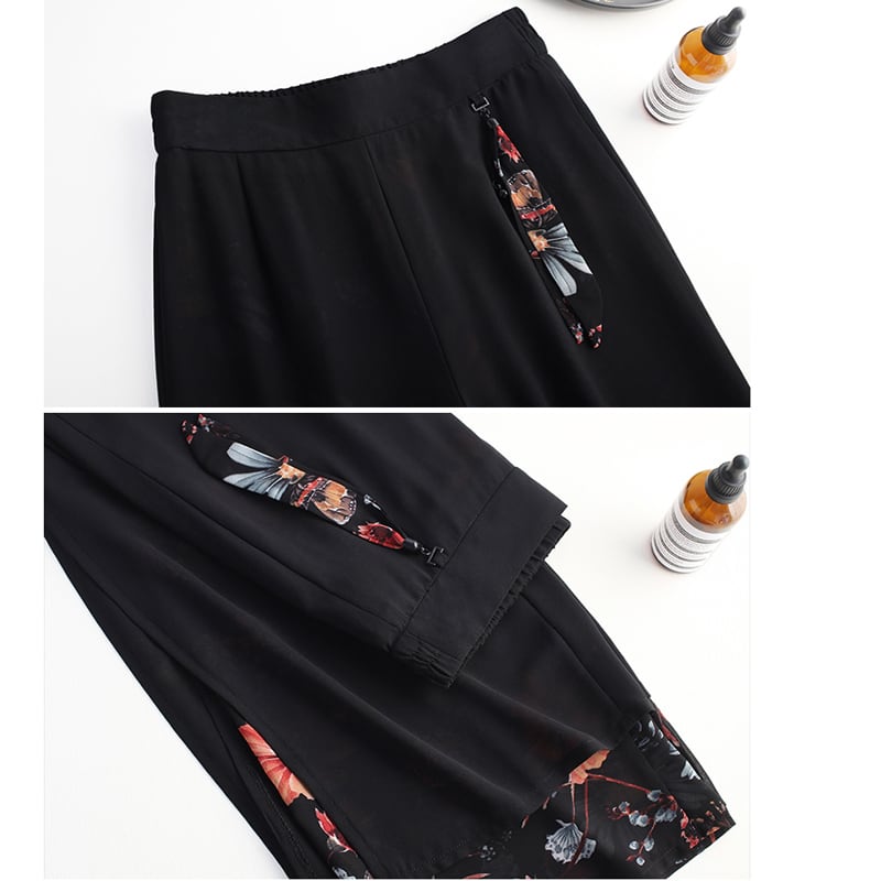 [Banlan Series]★China style pants★ Gaucho pants Floral pattern Casual Cool Elegant Black Black