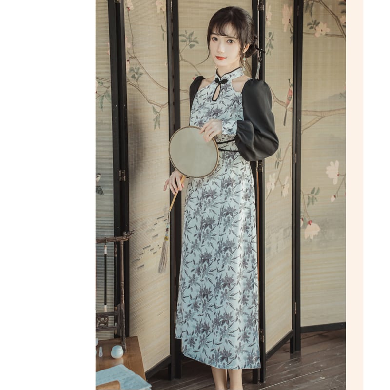 [Only you series] ★China style dress★ Improved cheongsam dress, off-the-shoulder ink pattern, slimming wear, date photo shoot