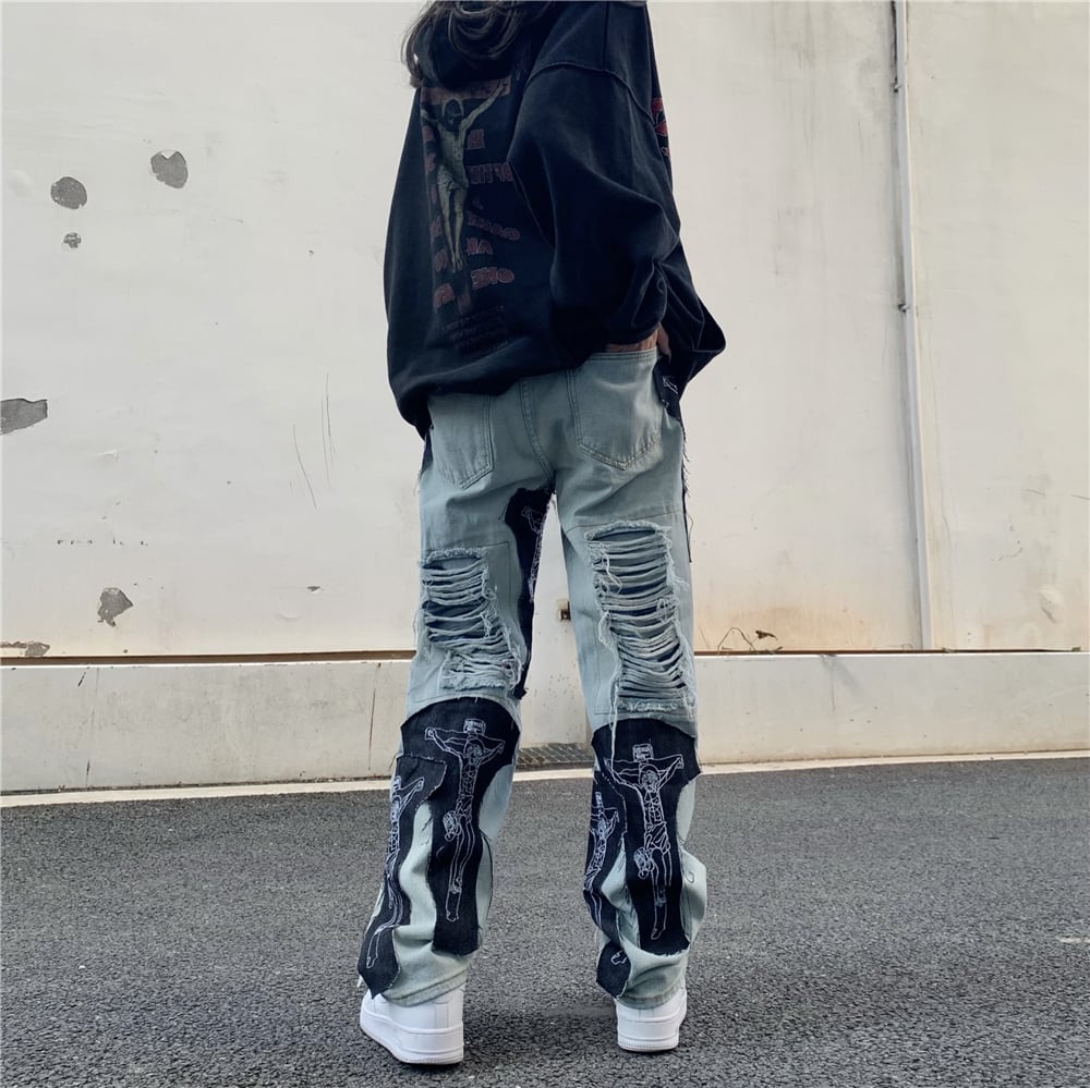 [OOTDstudio Series]★Denim Pants★ Bottoms Unisex Men's Large Size Distressed Fashion