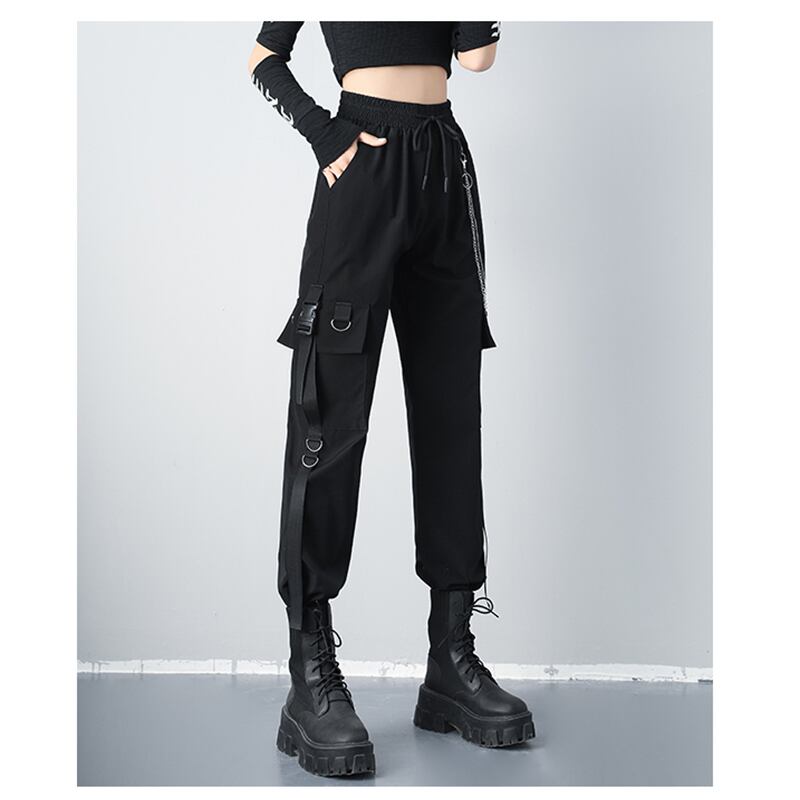 [AZE Series] ★Casual Pants★ Pants with Chains Bottoms Black Black Autumn Clothes Easy to Match and Slimming