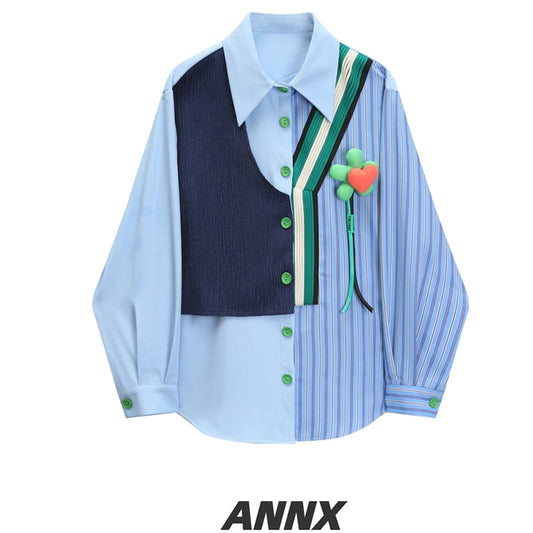 [ANNXstudio series]★Shirt★ Long sleeve shirt Shirt Tops Fake layered Switching Three-dimensional flowers Cute