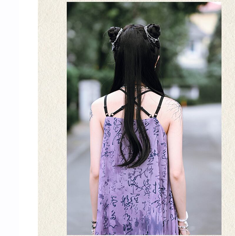 [Kokaisha---Shinkyo Series] ★China style dress★ Hanging dress Letter pattern print Purple black switching