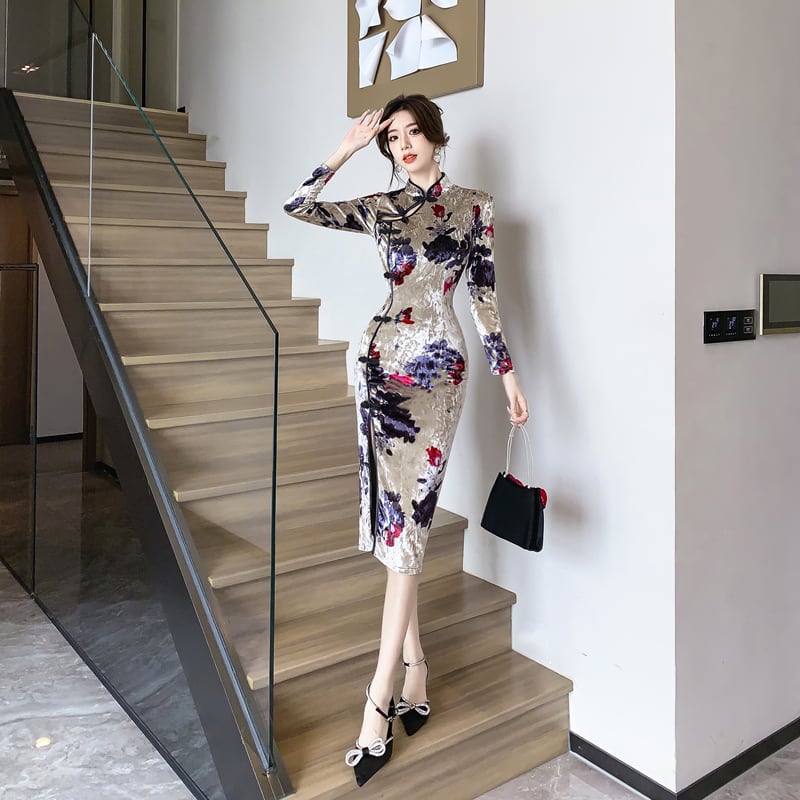 [Hundred Minute Eight Series] ★Cheongsam dress★ Velvet, floral pattern, slimming, sexy, ink pattern dress, improves temperament