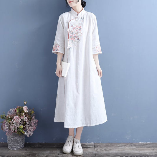 [Qing series] ★China style dress★ 4 colors, floral pattern, cotton, linen, white, blue-green, pink, yellow, spring, autumn, 3/4 sleeves