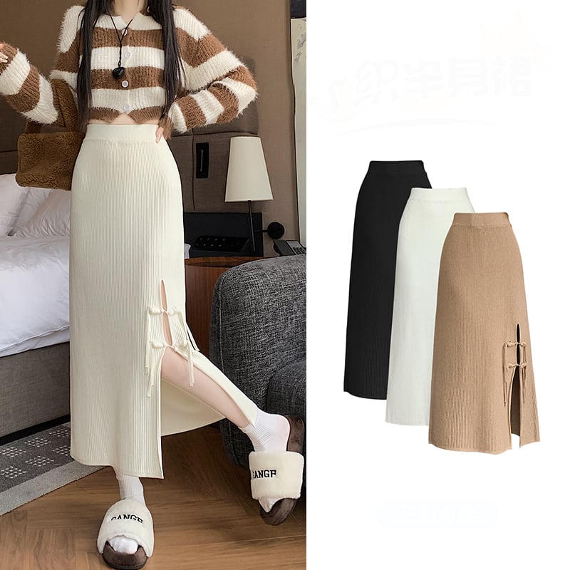 [CHAOSHAN series] ★Knit skirt★ 3color bottoms slit slimming easy to match black beige brown