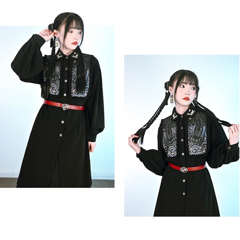 [Old Monster --- Rabbit Series] ★China style shirt★ Long shirt embroidery rabbit rabbit black black