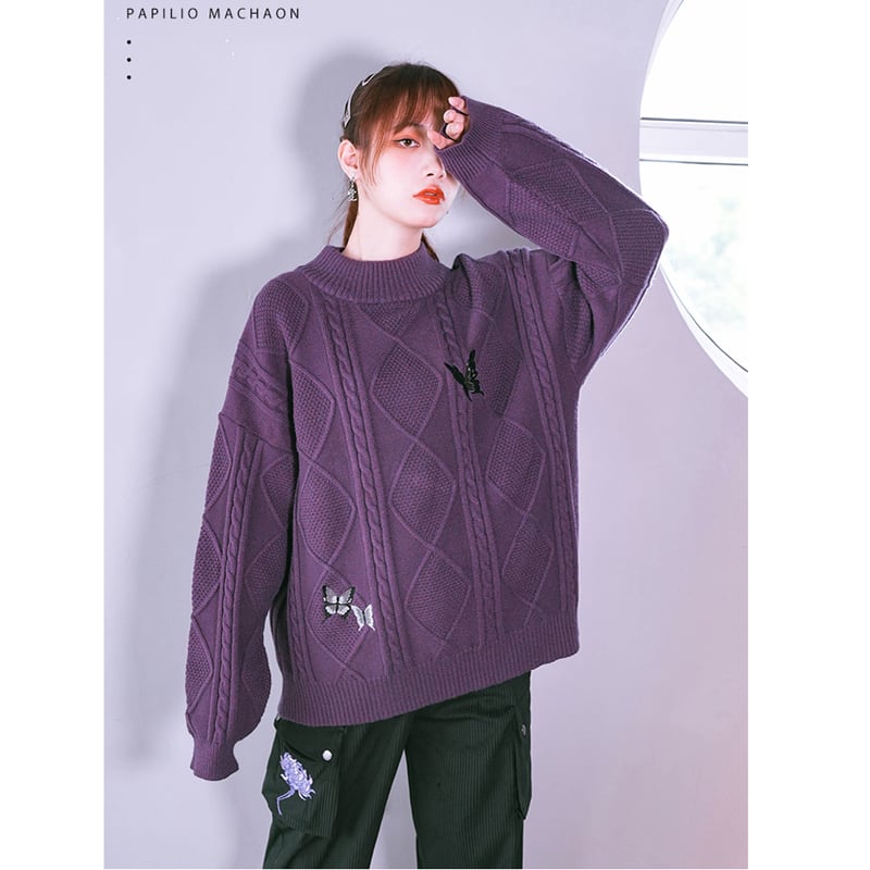 [Ancient monster---Swallow tail butterfly series] ★China style sweater★ Tops Embroidery Butterfly Purple Purple SML Casual