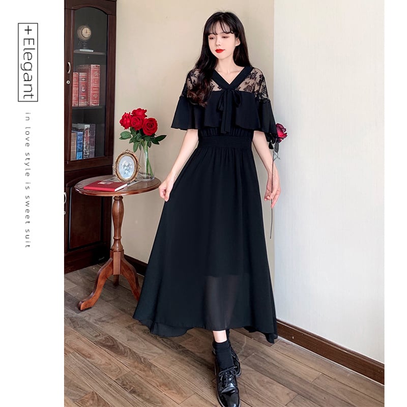 [Dong Xiaojie Series] ★Dress★ Large size lace chiffon switching black black V neck short sleeve summer