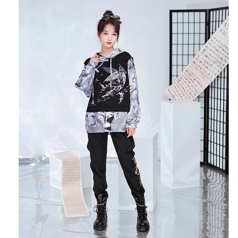 [Kyodo Series]★China style hoodie★ Faux layered unisex print color scheme switching S M L XL