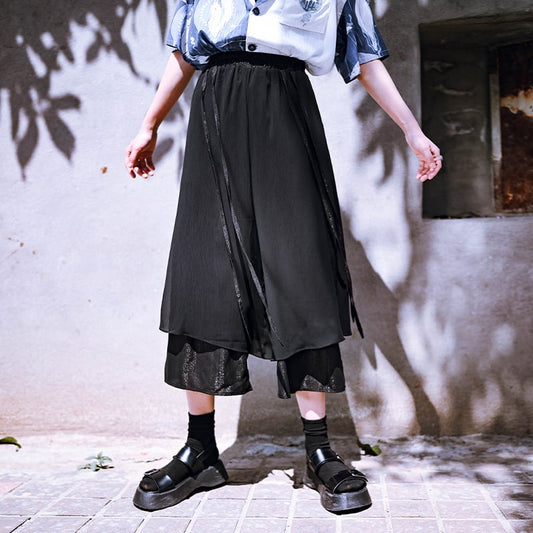 [Kokaisha Series] ★China style pants★ Chiffon gaucho pants Spring/Summer Loose Black Black SML XL