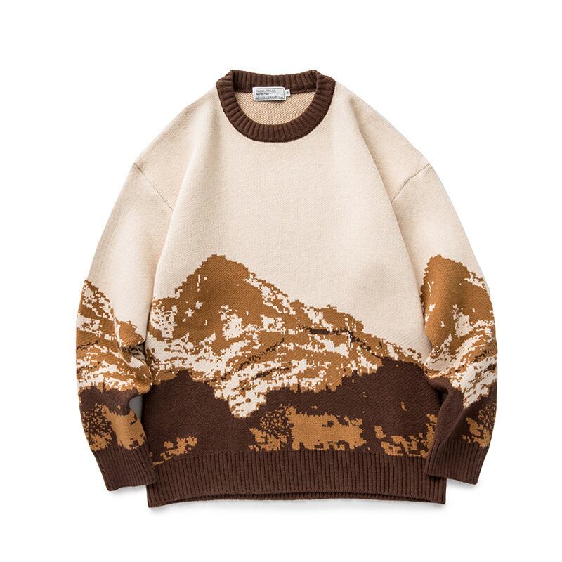 [Minato Kaze Otoko Series]★Sweater★ Tops 2color Blue or Brown Snowy Mountain Unisex Couple Clothes Easy to Match