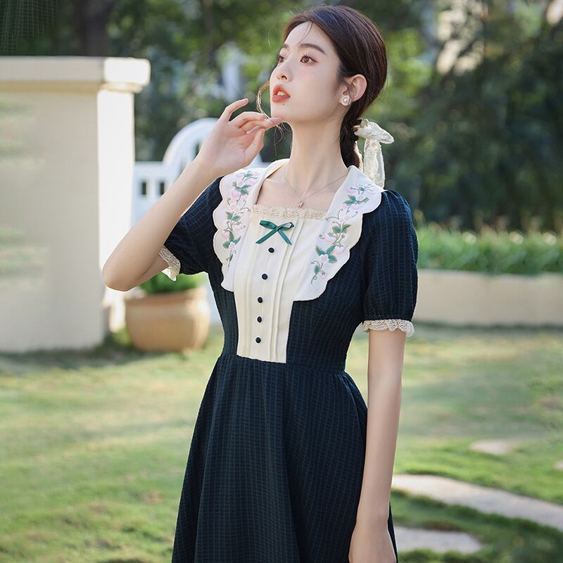 [Nan Kemu Series] ★One Piece★ Embroidery Girls' Night Out Date Sexy Temperament Enhancement Retro Green Short Sleeve Dress Summer Clothes