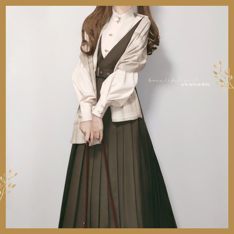 [Dusty clouds dream---Hikisoushi series] ★Sleeveless dress★ Easy to match pleated skirt coffee color retro SML