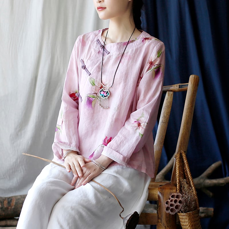 [Light ink series] ★China style tops★ Shirt Improved temperament Improved Tang suit Thin floral pattern Pink China button