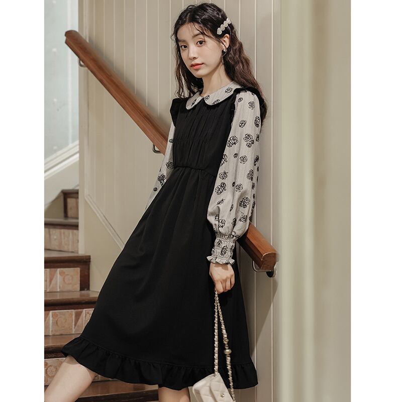 [ZITAIMEIGUI Series] ★One Piece★ Long Length Switching Floral Pattern Women's Commuting Date Black Black